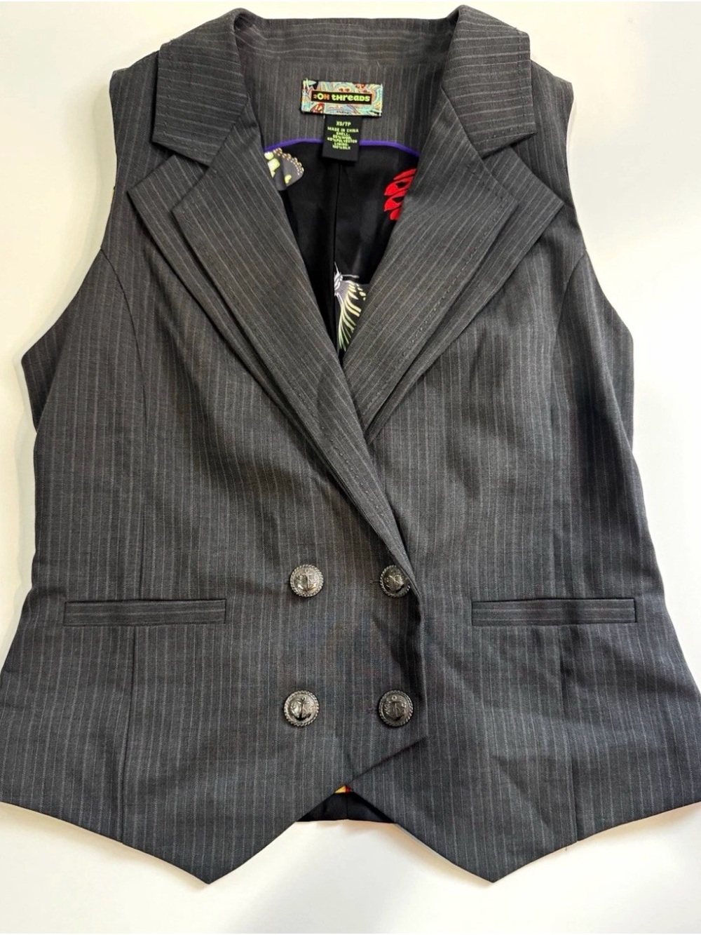Women’s 2OH Silk-Lined Charcoal Pinstripe Double-Breasted Vest